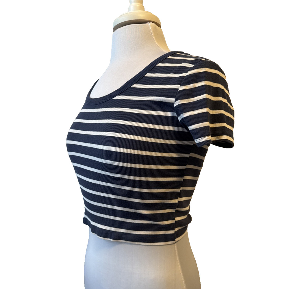 Primark Cares Women's S Navy Blue Stripe Ribbed Scoop Crop Top Nautical Boho Y2K